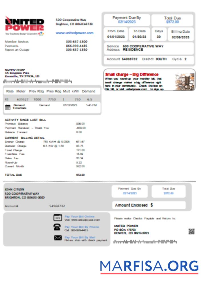 Blank Colorado United Power utility business bill SCR sample